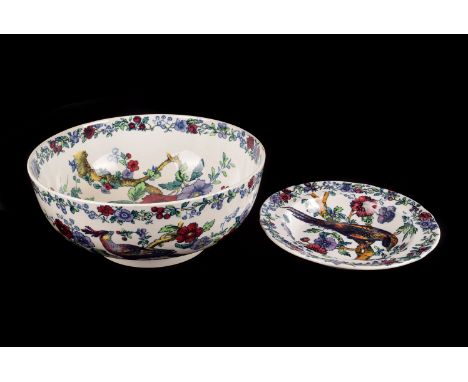 A large Imari bowl, together with six Copeland Spode, exotic bird and flower patterned bowls and matching larger bowl by Wags