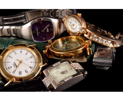 An Art Deco Aprey chromed clip watch,  also an Ebel purse watch with a leather cover, together with five ladies wrist watches