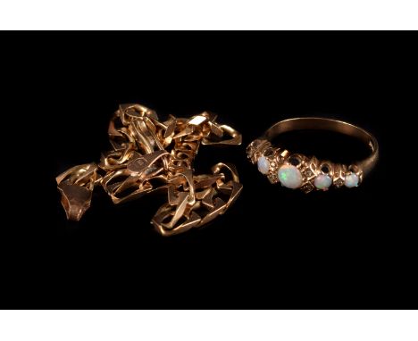 A 9ct gold bracelet and an opal ring, the flattened link chain, approx 6g, with a 9ct gold, opal and diamond ring, lacking on