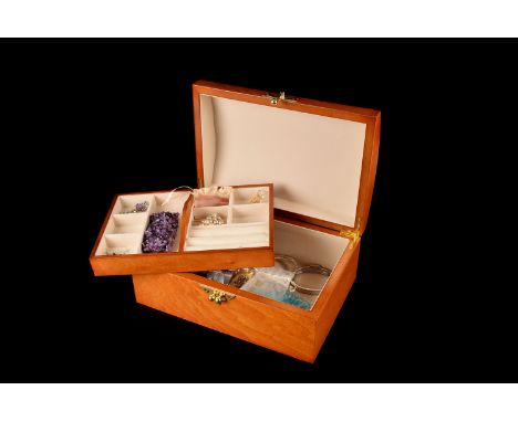 A small collection of jewellery and two jewellery boxes, including a silver and amethyst pendant on chain, an amethyst bracel