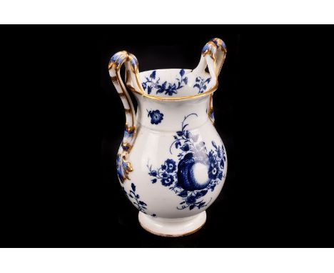 An early Worcester porcelain vase, AF, with loop handles, of neoclassical volute krater form, of blue and white bird foliate 