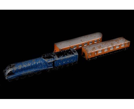 A Dinky Sir Nigel Greasley train, comprising engine and two carriages in LNER blue livery