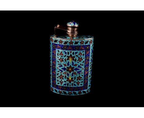 A white medal and enamel hip flask, the curved rectangular body with all over champ levey enamel design, in turquoise and roy