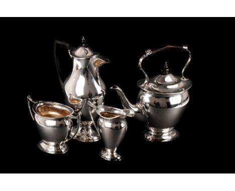 A George V period silver plated five piece tea and coffee set from Mappin & Webb, comprising kettle on spirit burner stand, s