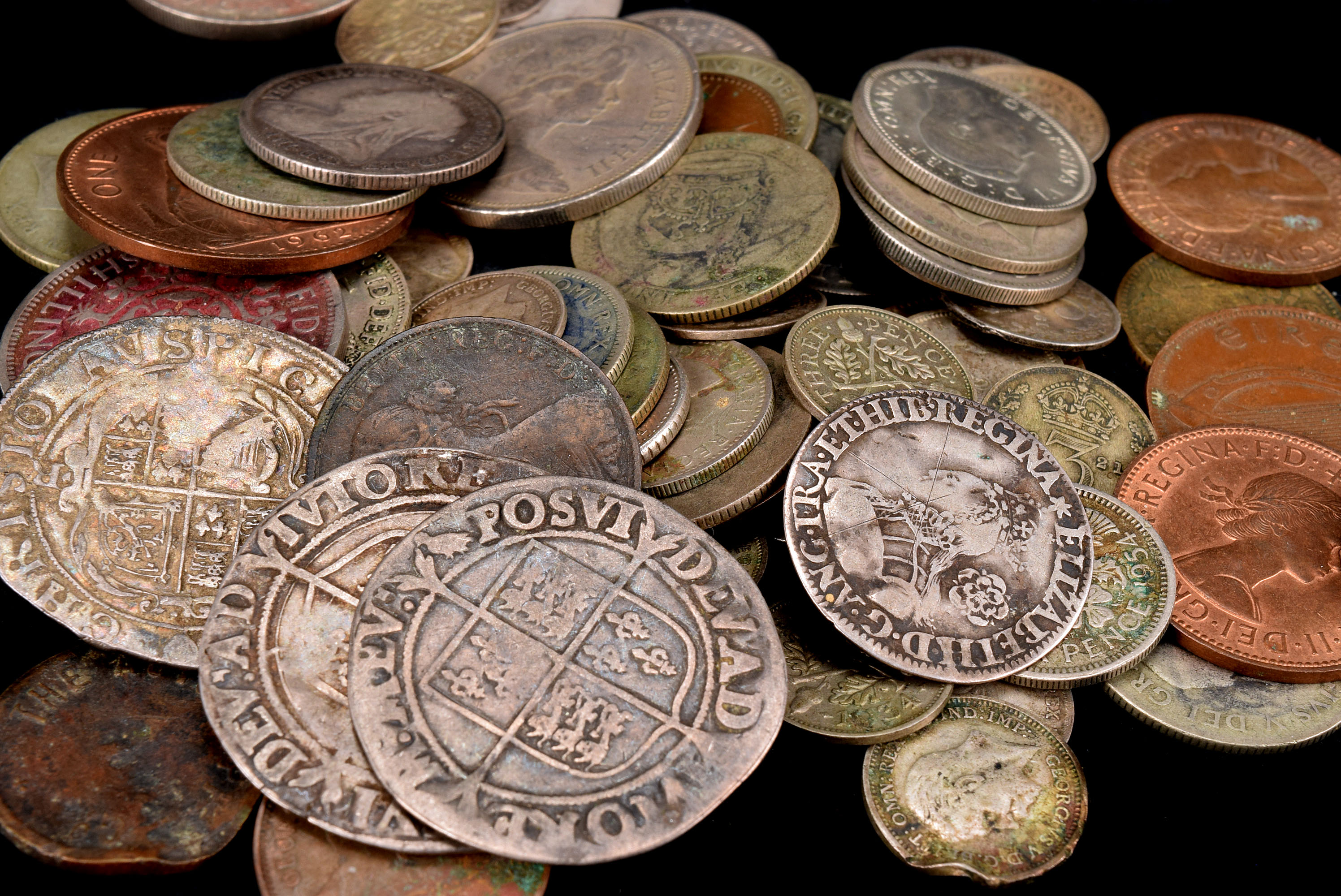 Three Elizabethan Coins And A Charles I Coin Including Two Elizabeth I