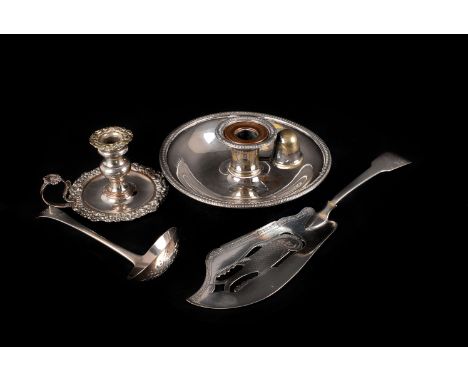 A George III Exeter silver spoon sifter by William Woodman, together with a Victorian silver fish slice by Thomas Pitts, a Re