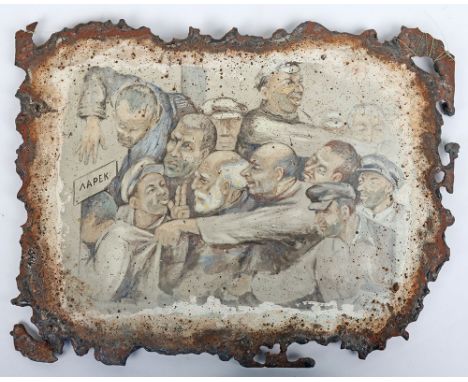 Soviet Russian Painted Enamel Plaque Early 20th Century, showing 13 men scrambling to access a bin (Napek), signed to the low