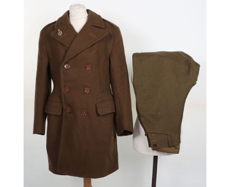 WW2 British Women’s Land Army Greatcoat, brown wool double breasted greatcoat with brass and enamel lapel badge. Interior wit