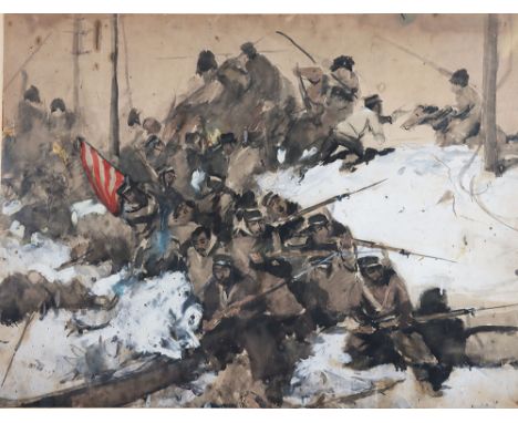 Imperial Russian Painting of a Battle Scene in the Russo-Japanese War, believed to have been painted by Ukrainian artist G A 