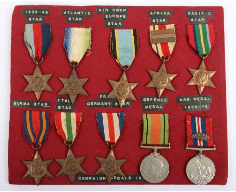 Display of WW2 British Campaign Medals, all un-named as issued, consisting of 1939-45 Star, Atlantic Star, Air Crew Europe St