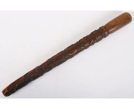 WW1 German Carved Stick / Club, finely carved with relief of Iron Crosses and ‘WORLD WAR 1914-18’ with oakleaves. 42 ½ cms in