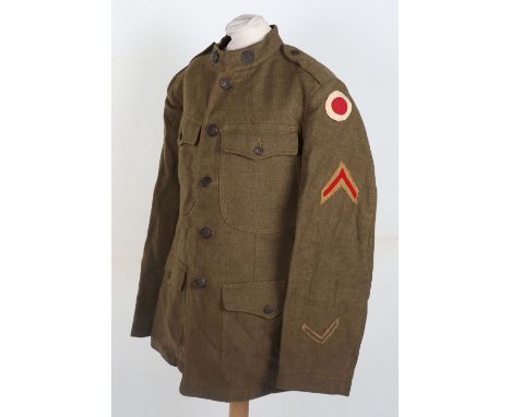 WW1 American Medical Tunic, khaki four pocket tunic with US and Medical collar discs attached. Rank chevron and divisional pa