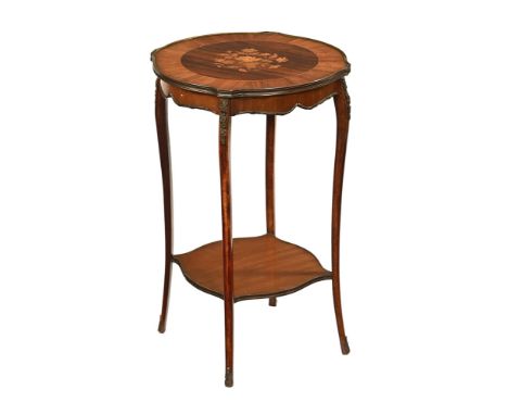 An early 20th century rosewood mahogany and marquetry topped occasional table, with cabriole legs united by a shelf and termi