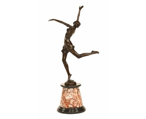 A bronze figure of a dancing lady in the Art Deco style, with outstretched arms and leg and marked Bronze Garanti Paris, rais
