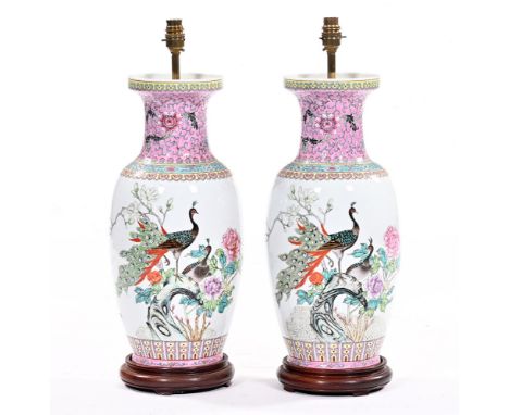 A pair of Chinese vases converted to table lamps, second half 20th century. Height including wooden base but excluding light 