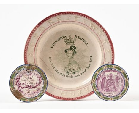 A Herculaneum George IV Coronation pottery medal. diameter 7.5 cm, together with another and a Queen Victoria alphabet plate.