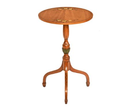A George III style reproduction painted tripod table, the top decorated with roses and with turned centre column and downswep
