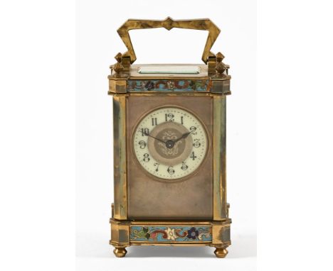 An Edwardian champleve enamel carriage clock, with enamelled dial and five glazed sided case.  Height including handle +/- 15
