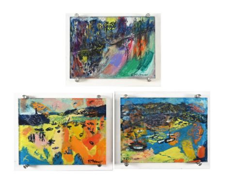 K M Weaver (Kevin) 1963-2024, three reverse paintings on glass, the first "Boats on the Beach Mousehole Cornwall".&nbsp; 29.5