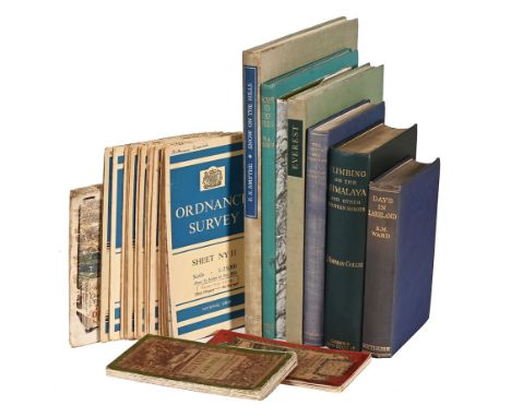 A collection of climbing books and Ordnance Survey maps, to include "Climbing on The Himalaya and Other Mountain Ranges" by J
