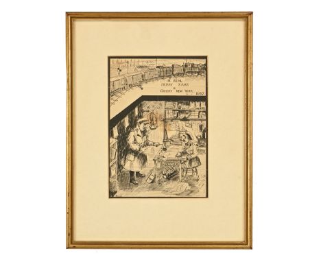 Tich a pen and ink cartoon, depicting First World War life "A Real Merry Xmas and Cheery New Year 1917".  23 x 16 cm, framed 