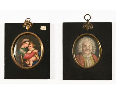 Two portrait miniatures, the first on porcelain and depicting mother and child, the second on card depicting a wigged gentlem