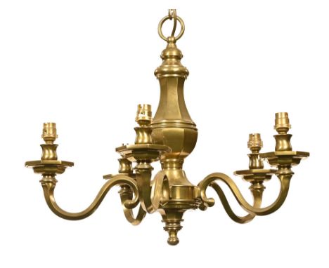 A brass ceiling light fitting, five branches.  Height 46 cm, diameter +/- 54 cm.