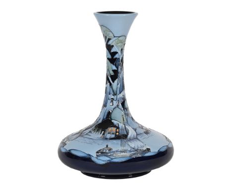 A Moorcroft club shaped vase by Paul Hilditch 2013, "River Traffic" depicting a coastal town and sailing vessels.  Height 32.