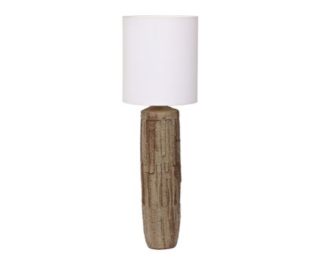 SA studio pottery lamp base, with circular cream coloured light shade.  Height excluding light fitting and shade 70 cm.
