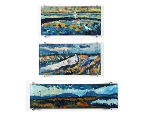 K M Weaver (Kevin) 1963-2024, three reverse paintings on glass "Telegraph Pole Rhinog Fawr Wales" 19.5 x 70 cm, together with