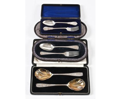 Three cased sets of silver spoons, forks etc, a pair of spoons with silver gilt bowls, makers mark DF Joshua Williams &amp; C
