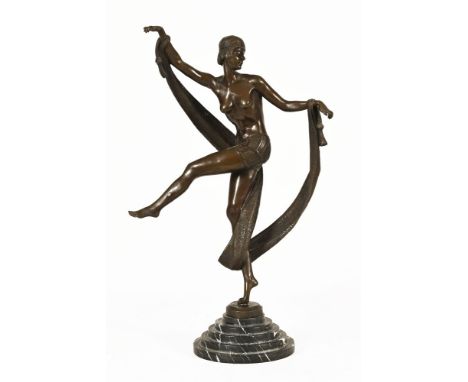 A late 20th century Deco style figure of a dancing lady with scarf, signed Anny Rozet and raised on a stepped marble base.  H