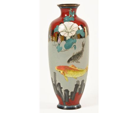 A Japanese Ginbari and cloisonne goldfish decorated vase. Height 31 cm (see illustration).There is a chip to the lower body w