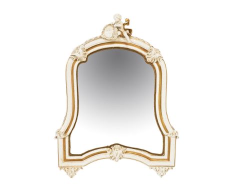 A continental porcelain framed mirror, in white with gilt decoration with cherub to the top raised on feet with blue mark to 