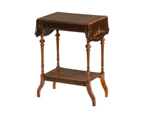 An Edwardian inlaid drop leaf occasional table, raised on turned legs united by a central shelf.  Height 69 cm, width flaps d