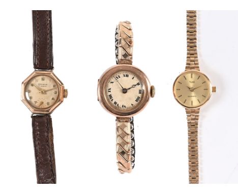 Three ladies 9 ct gold wristwatches, the first by Centaur marked to dial 17 jewels with octagonal case and leather strap case