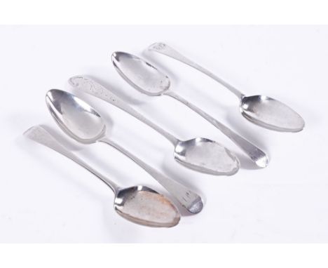 Five early silver hallmarked spoons, the first set possibly 1773 London, makers mark rubbed, engraved EB.&nbsp; Length 21 cm,