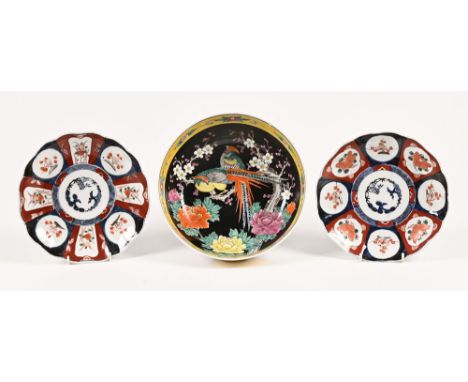 A Chinese decorative bowl, decorated with birds blossom and chrysanthemum.&nbsp; diameter 24.5 cm and two Japanese Imari plat