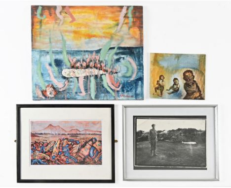 K M Weaver (Kevin) 1963-2024, an oil on board "Refugees III", 51.5 x 60.5 cm, together with an oil on board of children, a pr