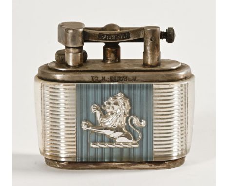 Dunhill Joseph Lucas table lighter, marked to top Dunhill and engraved to side "To JL from JL" and to underside "Plastic and 
