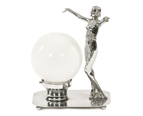 An Art Deco chrome table lamp, with milk glass shade and lady with outswept arms, marked to underside Celtic Quality Plate Ma