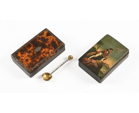 Two snuff boxes, the first with tortoiseshell lid and containing a spoon, the bowl made out of a Victorian farthing coin. Wid