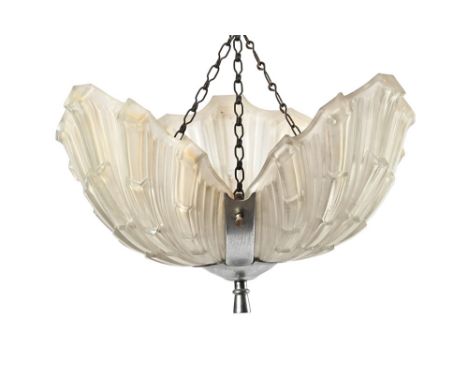 An early 20th century glass and metal shell ceiling light fitting.  Diameter +/- 37 cm.