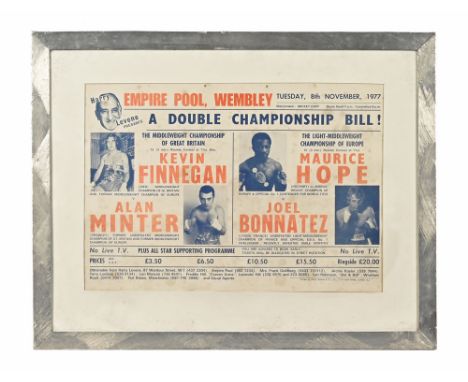 A boxing poster from Empire Pool Wembley, Tuesday 8th November 1977, a double championship bill The Middleweight Championship
