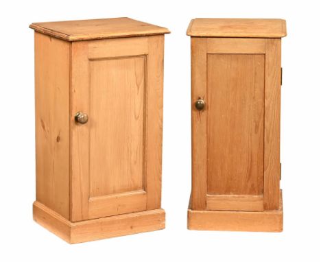 Two pine bedside cabinets, both with cupboards with internal shelves, the first with rounded corners.  Height 72.5 cm, width 