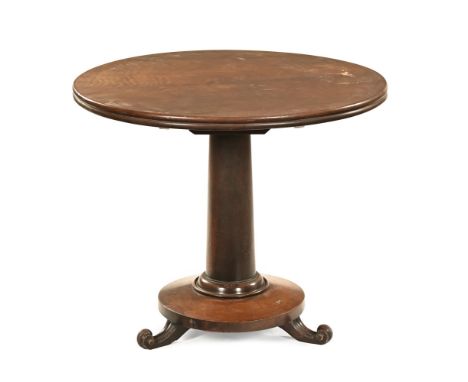 An early Victorian mahogany circular small breakfast table, with snap action simple column and circular base raised on scroll