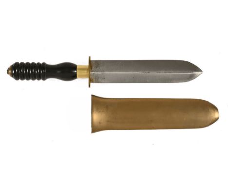 Siebe Gorman divers knife, with a double sided 7 1/2" blade with brass cross guard and ebony handle, with brass sheath.&nbsp;
