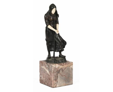 Julius Paul Schmidt-Felling (1835-1920), a bronze and ivory figure of a Dutch female farmhand, signed and raised on a marble 