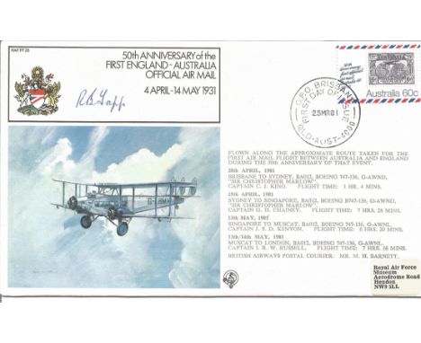 Captain R B Tapp signed 50th Anniversary of the First England to Australia Official Air Mail cover RAF FF28. 60c Australia st