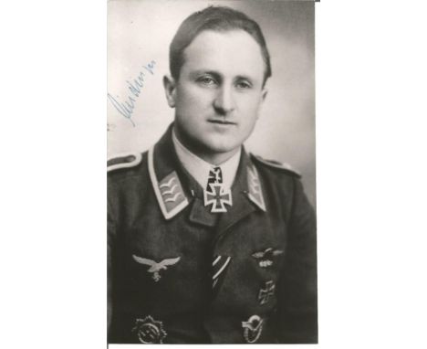 WW2 Luftwaffe ace Eduard Lindinger KC signed 6x3 black and white portrait photo. Good Condition. All signed pieces come with 